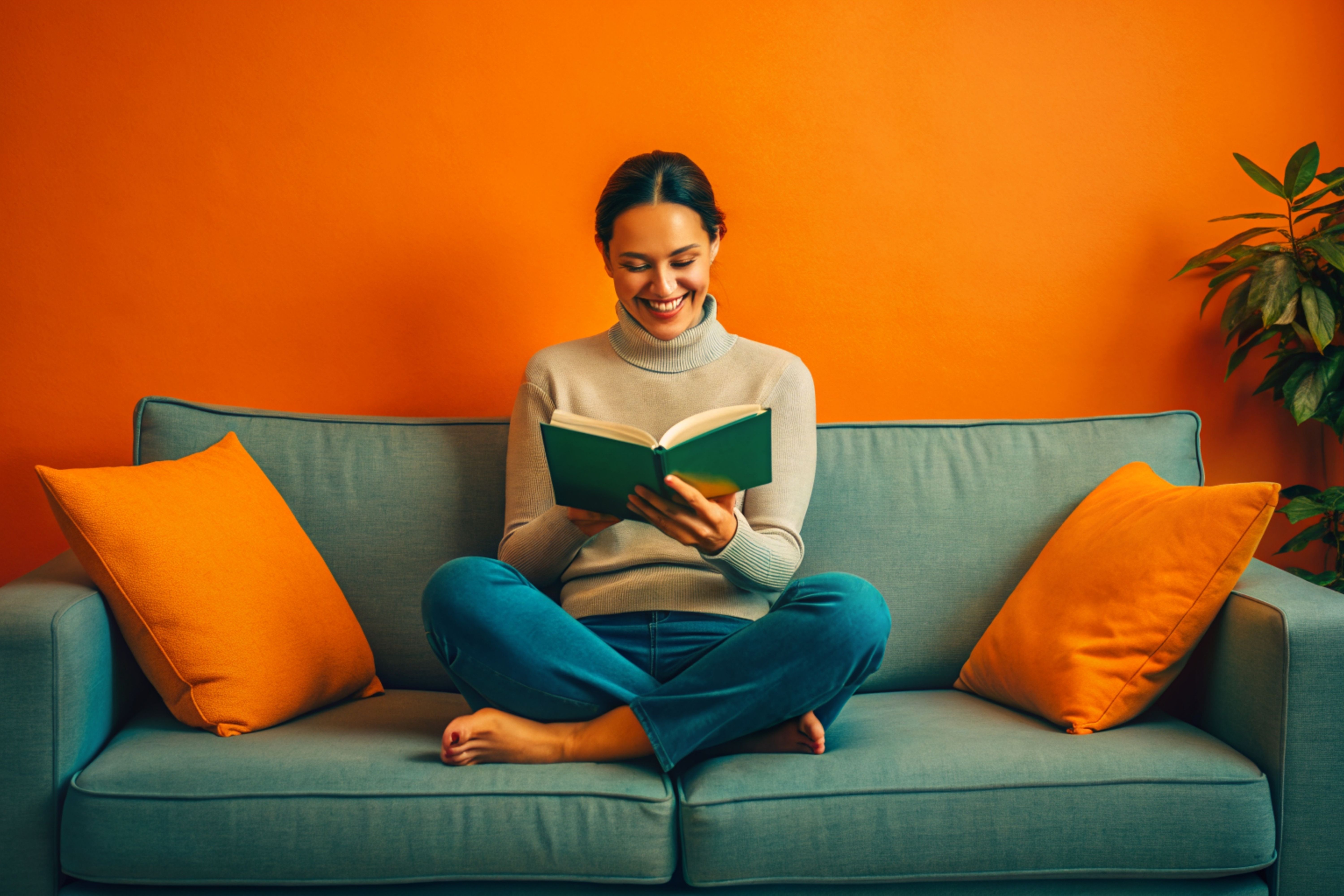 Woman reading a book while sitting on the green couch