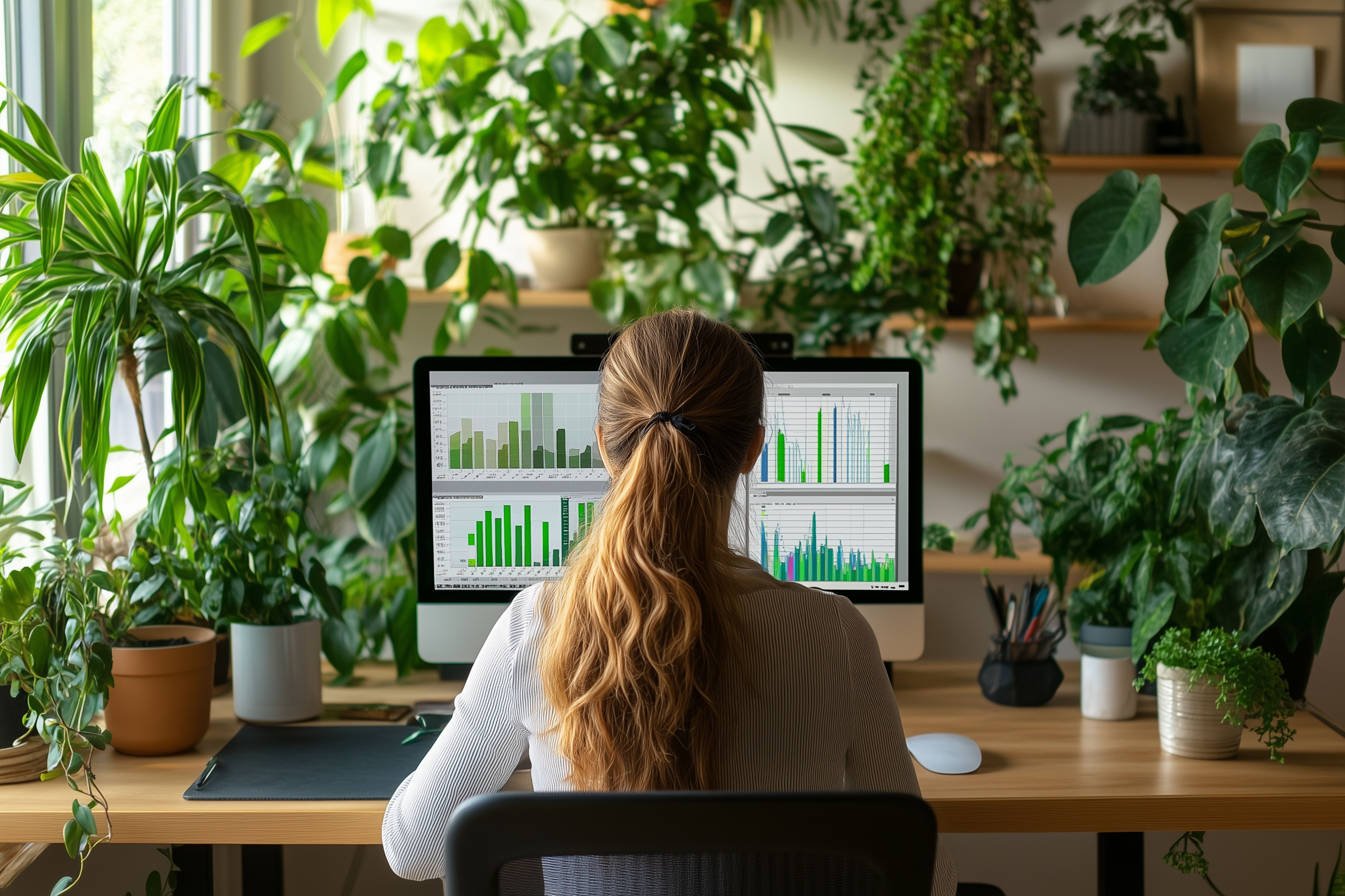 woman sitting in front of computer working on excel document