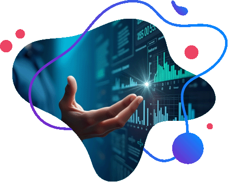 Hand reaching toward glowing data points on a digital interface with financial bar graphs
