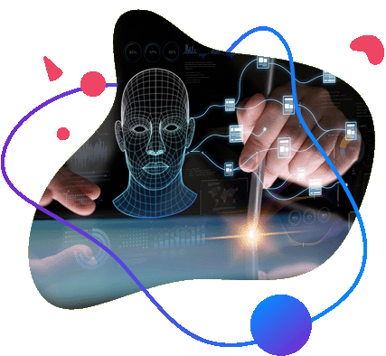 Wireframe of a human head connected to digital nodes and data charts on a dark interface