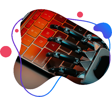 Robotic hand typing on a laptop keyboard illuminated by warm orange light.