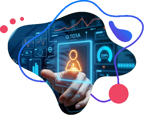 Hand pointing at a glowing user icon on a digital dashboard with graphs and percentage metrics.