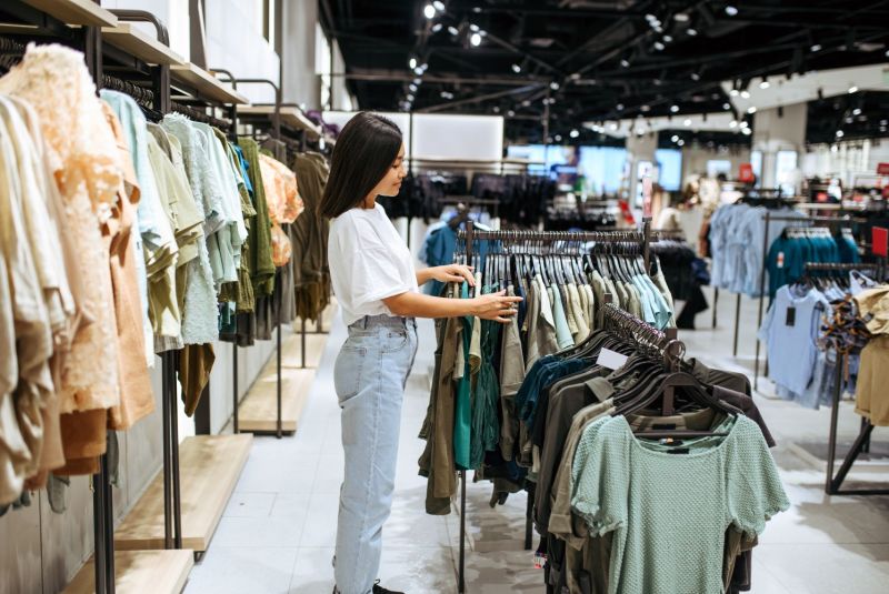Woman in white shirt browsing clothing racks in a retail store, selecting items to try on.