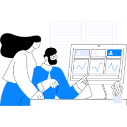 Two peole analyzing data on monitor with a business intelligence interface,featuring graphs