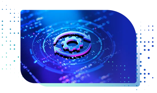 Glowing 3D gear icon surrounded by circular arrows and digital interface elements on a blue background.