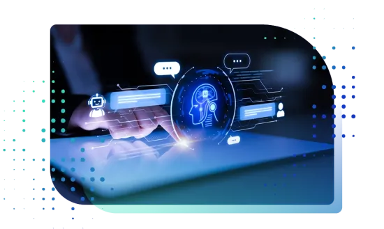 Person interacting with a digital tablet displaying artificial intelligence head graphics and chat icons.