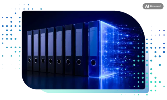 Row of black office binder folders with the rightmost folder transforming into glowing blue digital data.