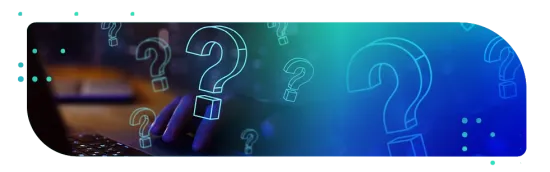 Person typing on a laptop keyboard behind glowing cyan question mark graphics on a blue gradient background.