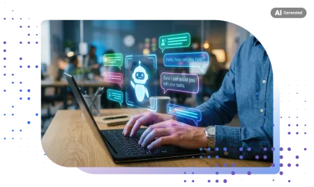 Person typing on a laptop with a digital AI chatbot assistant interface overlaying the workspace