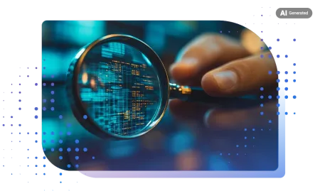 Hand holding a magnifying glass over glowing blue digital code and data lines