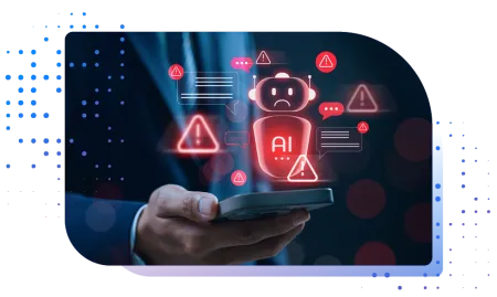 Hand holding a smartphone displaying a red warning AI chatbot interface surrounded by error icons