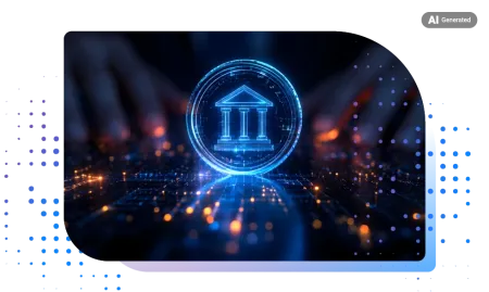 Glowing blue bank building icon displayed over a high-tech circuit board surface