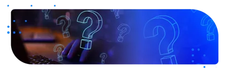 Hands typing on a laptop keyboard beneath floating blue glowing question mark icons