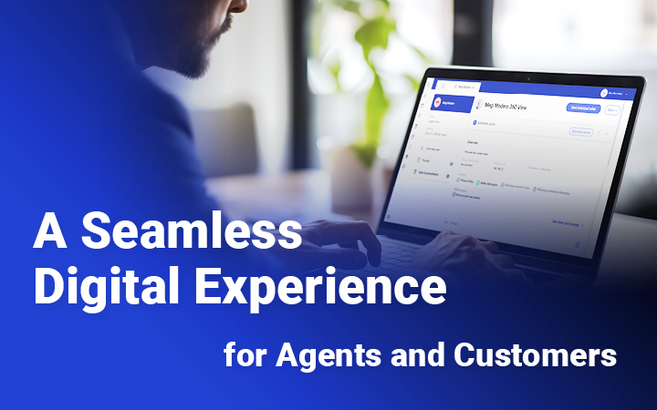 Person using a laptop displaying the Comarch Digital Insurance interface with the text "A Seamless Digital Experience for Agents and Customers".