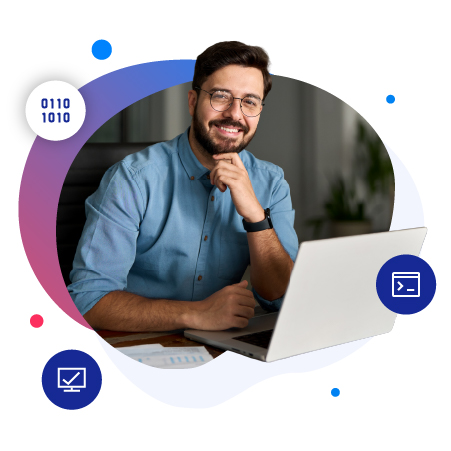 Man with glasses smiling at laptop, surrounded by digital icons and binary code in a modern office setting.