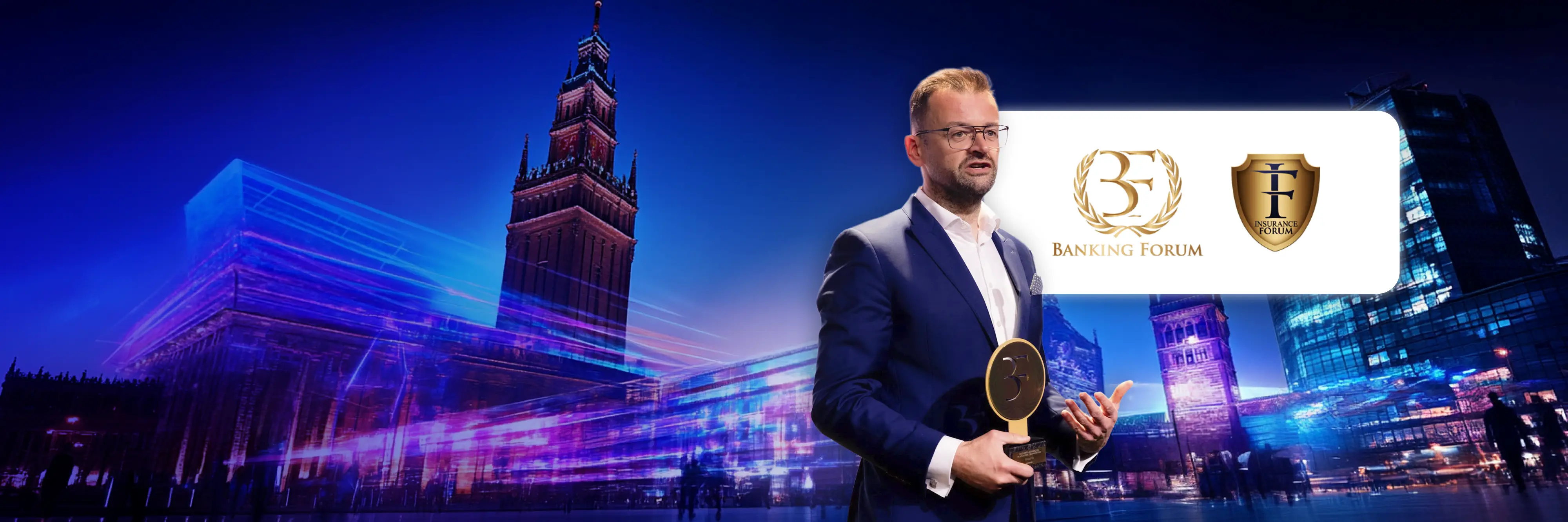 Man in a suit holding a Banking Forum trophy with a night city skyline and Banking Forum logo.