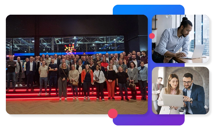 Large group of&nbsp;professionals standing in&nbsp;a&nbsp;modern event space with glowing red steps, alongside a&nbsp;collage of&nbsp;people working on&nbsp;laptops.