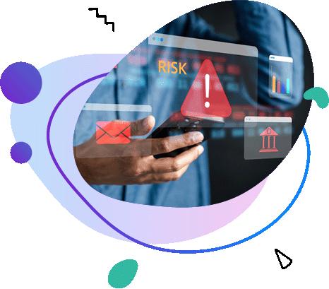 Hand holding a&nbsp;smartphone with a&nbsp;red warning triangle and "RISK" text overlay on&nbsp;a&nbsp;digital interface.