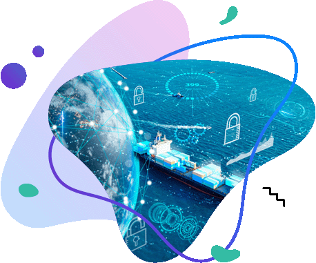 Cargo ship at&nbsp;sea with digital overlays of&nbsp;locks and data points, symbolizing secure logistics.