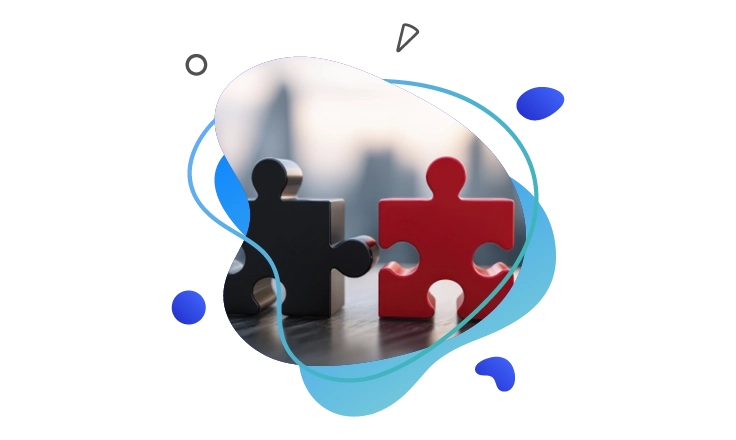 Black and red puzzle pieces connecting against a&nbsp;blurred city background, symbolizing a&nbsp;perfect fit.