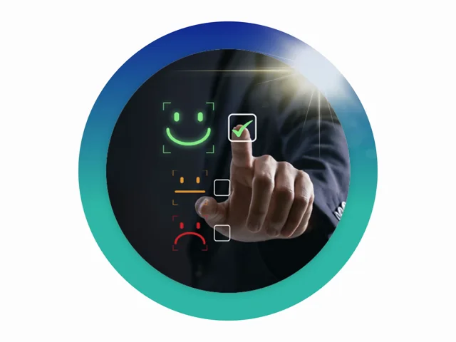 Person selecting a green smiley face icon on a digital feedback interface to show high customer satisfaction.