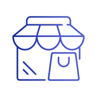 Blue gradient line icon of a storefront with a shopping bag, representing SME business solutions.
