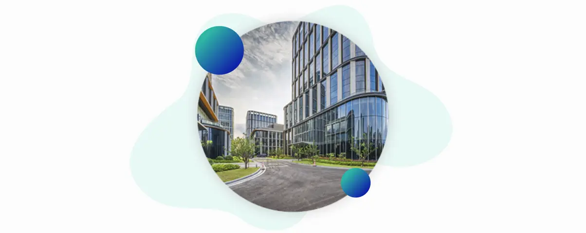 Modern glass office buildings and corporate headquarters representing business administration centers.