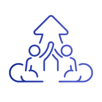 Icon featuring two people high-fiving under an upward arrow, symbolizing growth and successful collaboration.
