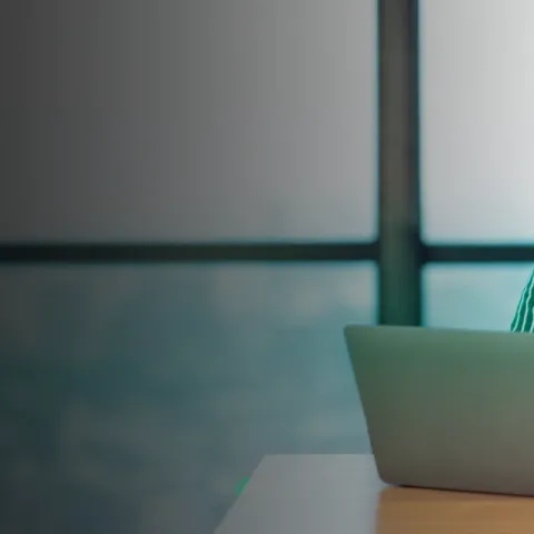 Woman sitting at a desk, working on a laptop with large windows in the background and a coffee mug n