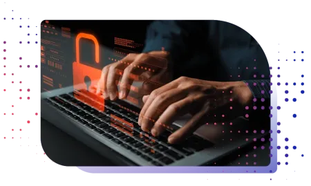 Person typing on&nbsp;a&nbsp;laptop keyboard with a&nbsp;glowing red padlock icon representing cyber security.