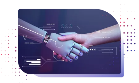 Handshake between a&nbsp;human hand and a&nbsp;robotic hand surrounded by&nbsp;futuristic digital data overlays.
