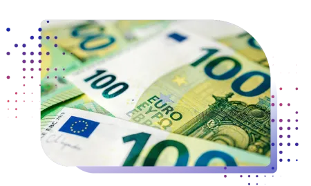 Close-up of&nbsp;100&nbsp;euro banknotes stacked together with the European Union flag emblem visible.