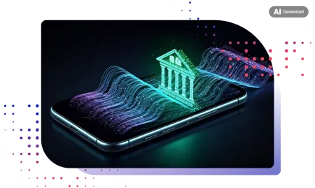 Holographic classic bank building standing on&nbsp;a&nbsp;smartphone screen with glowing digital data waves.