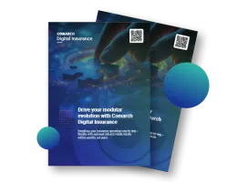 Comarch Digital Insurance brochure featuring a hand placing a puzzle piece on a glowing digital interface.