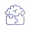 Blue gradient icon of a human brain integrated with a puzzle piece, symbolizing logical solution design.