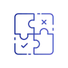 Four puzzle pieces forming a square with a checkmark and cross, representing development and testing.