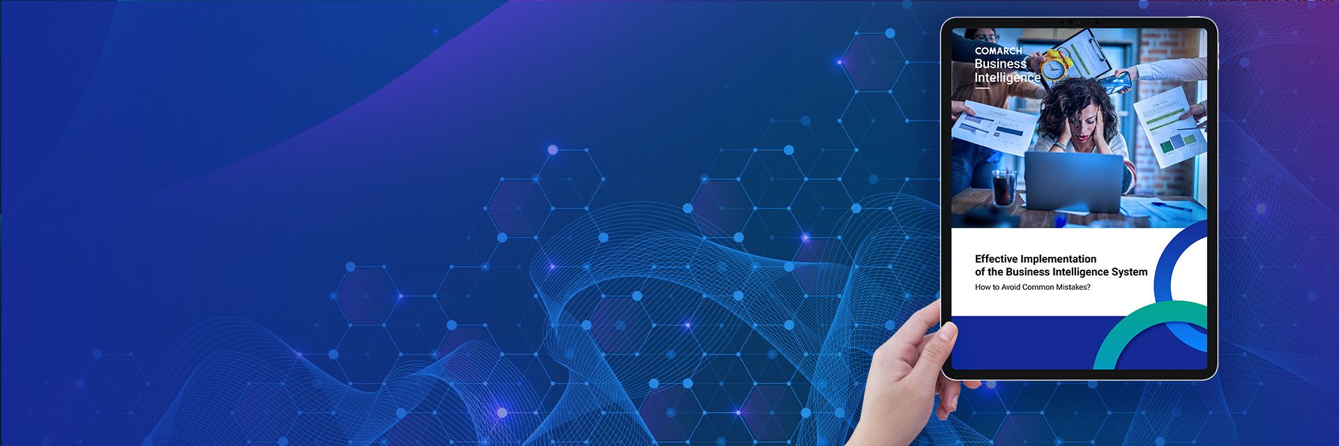 Tablet displaying a document titled "Effective Implementation of the Business Intelligence System"