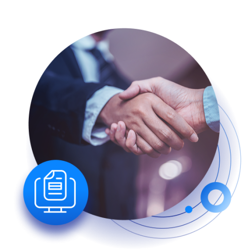 Two hands shaking in a business context, with a digital document icon in blue at the bottom left of the image.