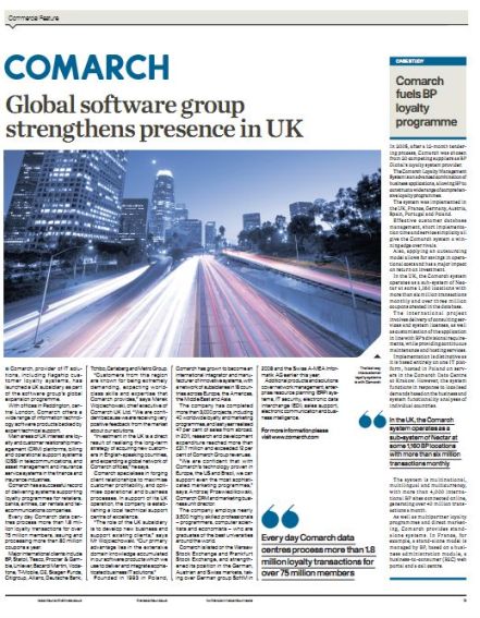 Comarch company article featuring a city skyline and traffic at night with text about UK operations and services.