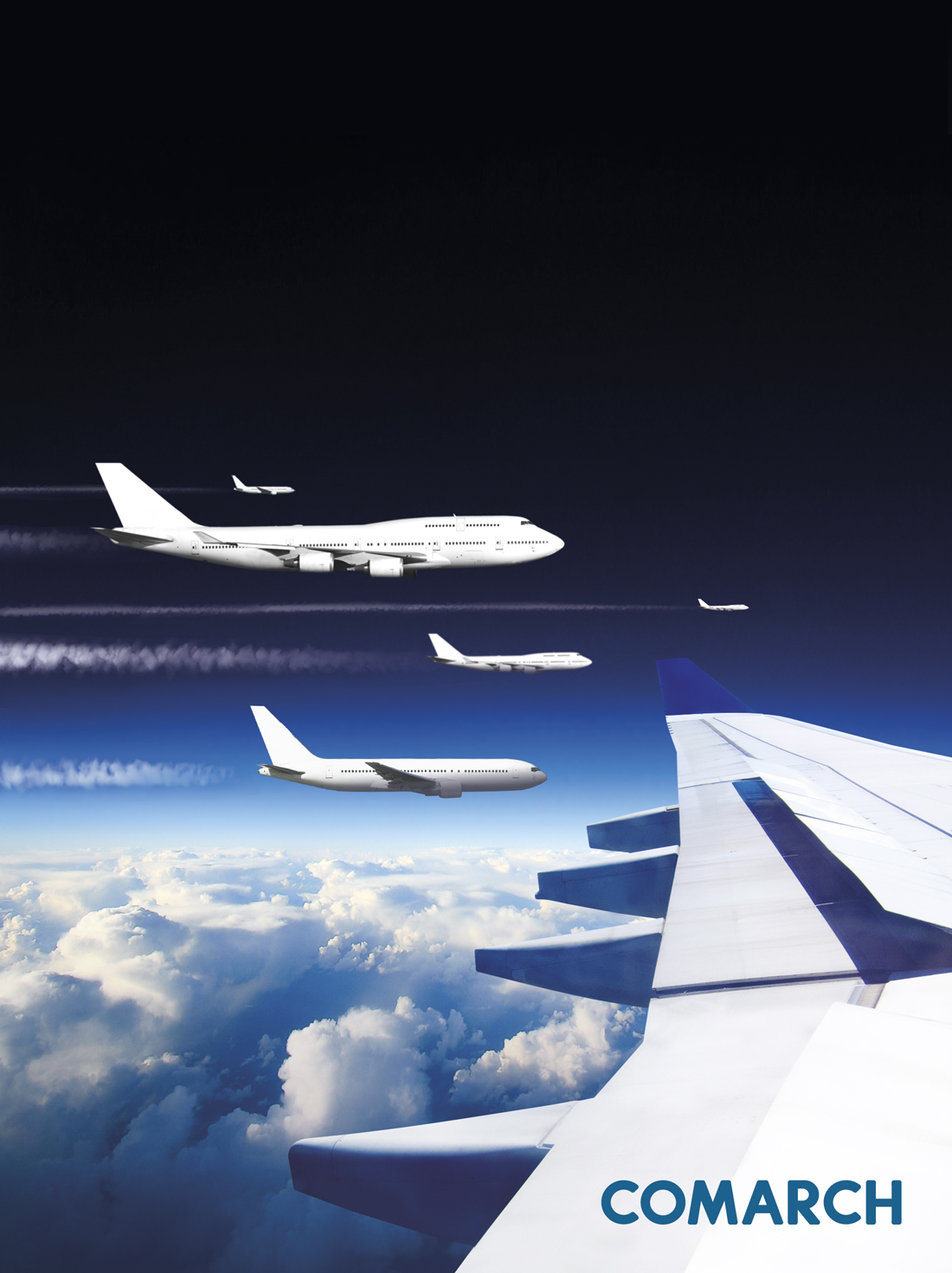 Airplane wing above clouds with multiple aircraft flying in the sky; "COMARCH" text in the bottom right corner.