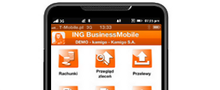 Smartphone showing ING Business Mobile app interface with orange icons for various features.