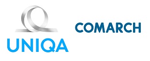 Uniqa and Comarch logos displayed side by&nbsp;side in&nbsp;blue and gray text on&nbsp;a&nbsp;white background.