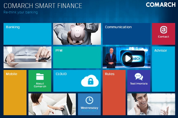 Grid layout displaying Comarch Smart Finance features, including banking, communication, cloud, and testimonials.