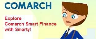 Animated character promoting Comarch Smart Finance, with the text "Explore Comarch Smart Finance with Smarty!" visible.