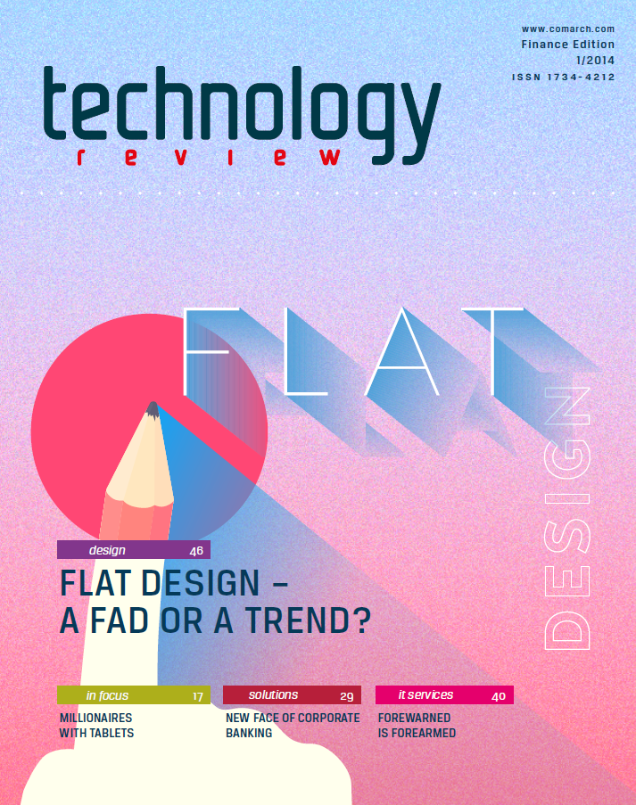 Magazine cover featuring the title "Technology Review," with the theme "Flat Design" and a&nbsp;geometric design element.