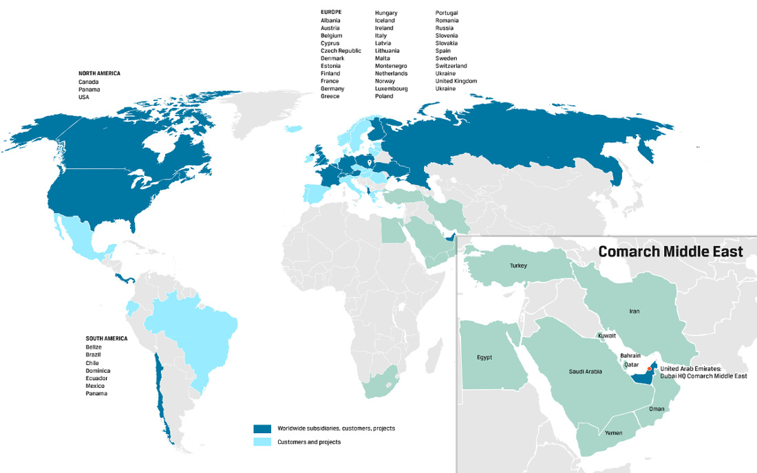 World map displaying regions with Comarch customers and projects highlighted in light blue and dark blue.